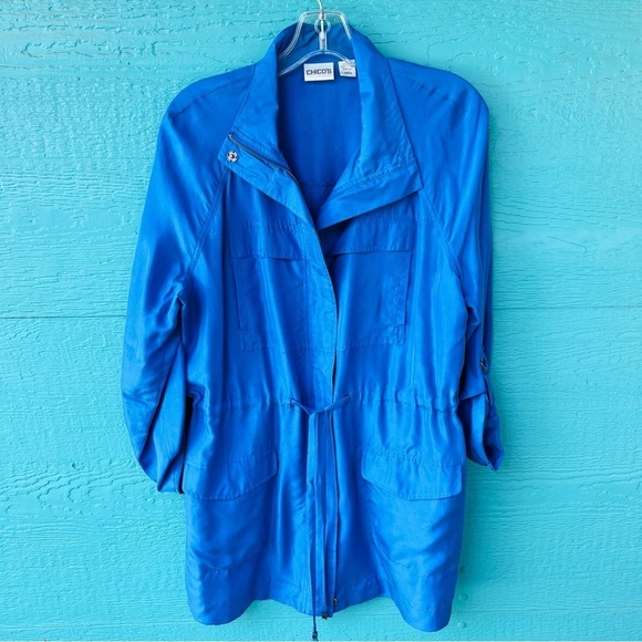 Chico's Jacket Cobalt Blue 100% Silk Flap Pockets Full Zip Lagenlook SIZE LARGE - Picture 2 of 7
